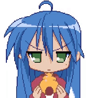 a pixel art of a girl with blue hair