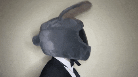 a man in a suit and bow tie is wearing a rabbit mask on his head .
