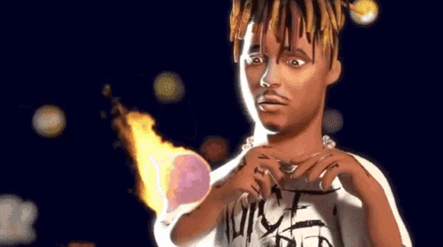 a cartoon of a man with dreadlocks holding a fireball in his hand .