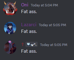 a screenshot of a discord conversation between oni and lazarci