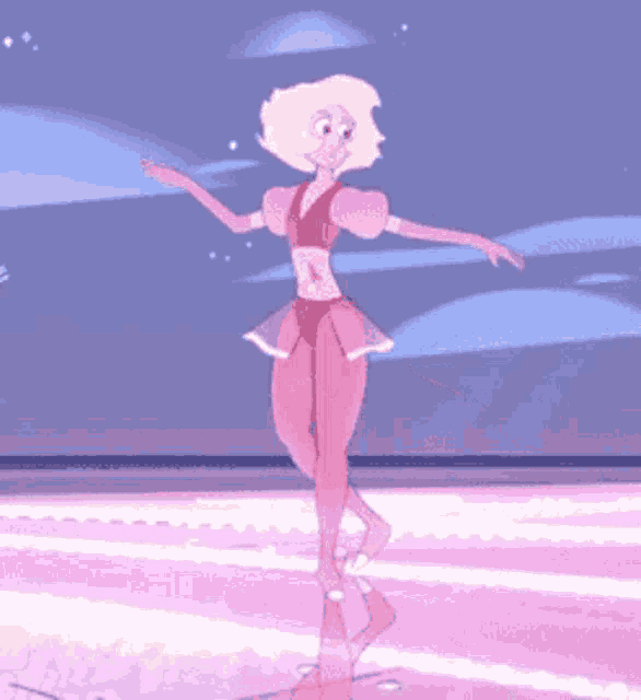 a cartoon character in a pink bikini is dancing on a pink surface .