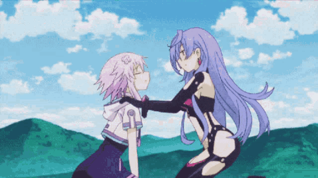 a girl with purple hair is kissing another girl 's cheek