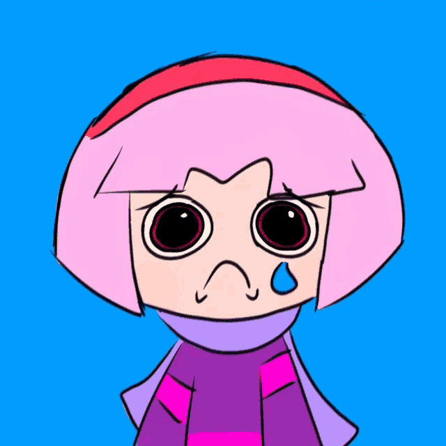 a cartoon of a girl with pink hair and a tear coming out of her eye