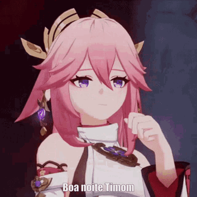 a girl with pink hair and blue eyes says boa noite timom on the bottom