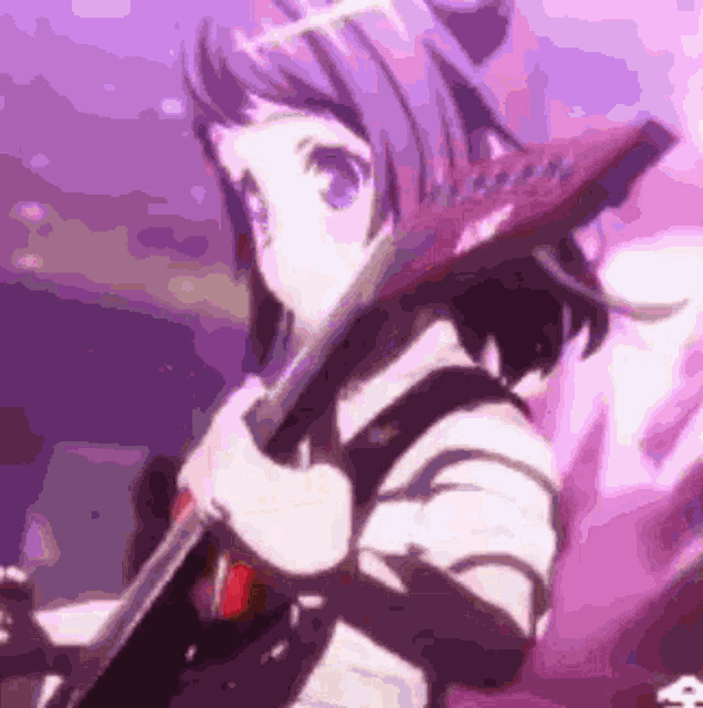 a purple anime girl is holding a red umbrella in her hands .