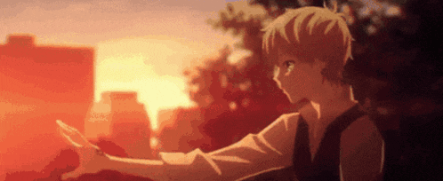a boy is standing in front of a sunset with his arms outstretched and a city in the background .