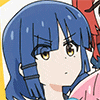 a close up of a cartoon girl 's face with blue hair and yellow eyes .