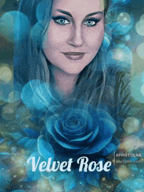 a picture of a woman with a blue rose and the words " velvet rose " on the bottom