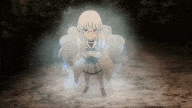 a girl with white hair and glasses is standing in a dark room