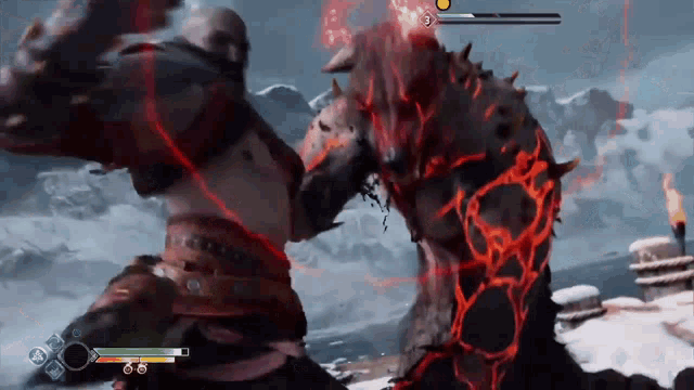 a video game character is fighting a monster with red flames