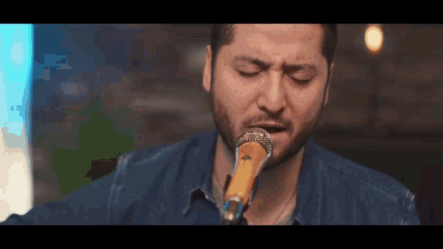 a man with a beard singing into a microphone with his eyes closed