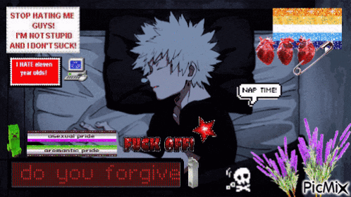 a picture of a boy laying in a bed with a sign that says do you forgive