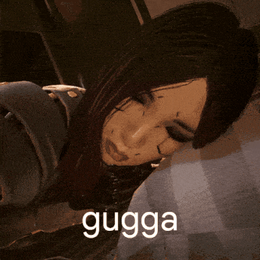 a woman laying on a bed with the word gugga on the bottom right