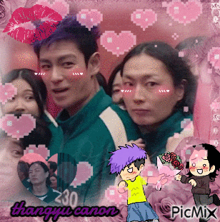 a picture of a boy with purple hair is surrounded by pink hearts and says picmix