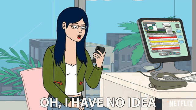 a cartoon of a woman sitting in front of a computer with the words oh i have no idea