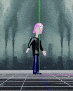 a cartoon character with pink hair is standing in front of a city