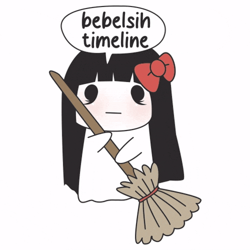 a cartoon of a girl holding a broom with a speech bubble that says bebelsih timeline