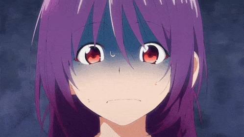 a girl with purple hair and red eyes is making a funny face