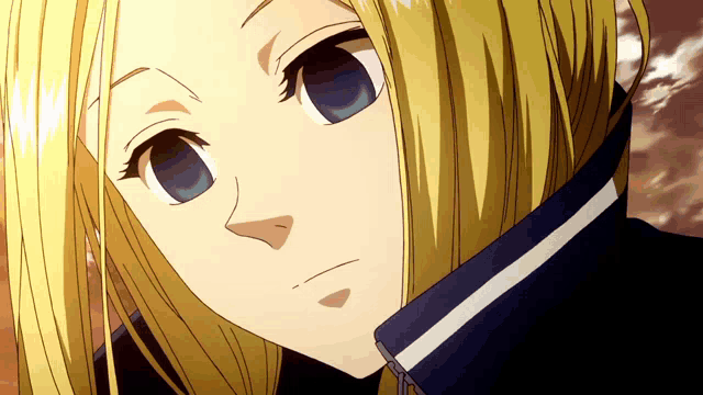 a blonde anime girl with blue eyes and a black jacket