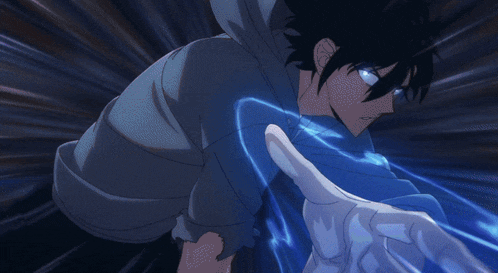 a person 's hand is reaching out with a blue lightning bolt behind them