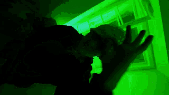 a person is standing in a dark room with a green light shining on them .