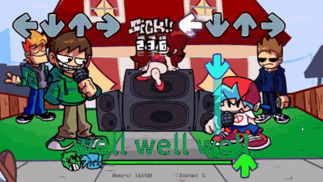 a video game with the words " well well well " on the bottom right