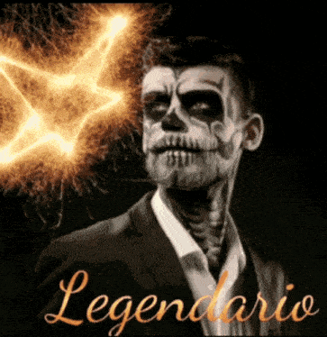 a man with a skull painted on his face is standing in front of a sign that says legendary