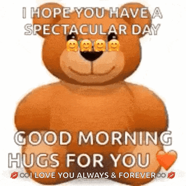 a teddy bear is holding a heart and saying `` i hope you have a spectacular day good morning hugs for you . ''