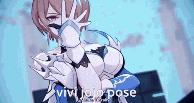 a video of a girl in a pose with the words " vivi jojo pose " on the bottom