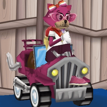 a cartoon cat wearing glasses and a bow is sitting in a pink car