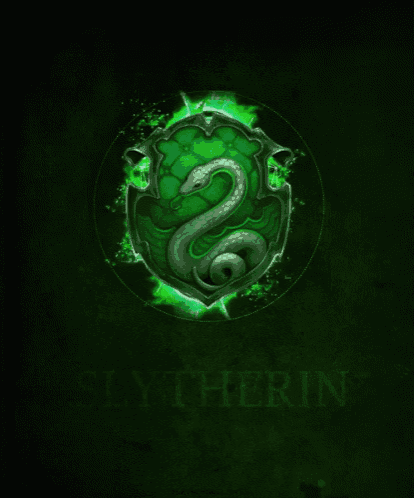 a shield with a snake on it and the word slytherin on the bottom