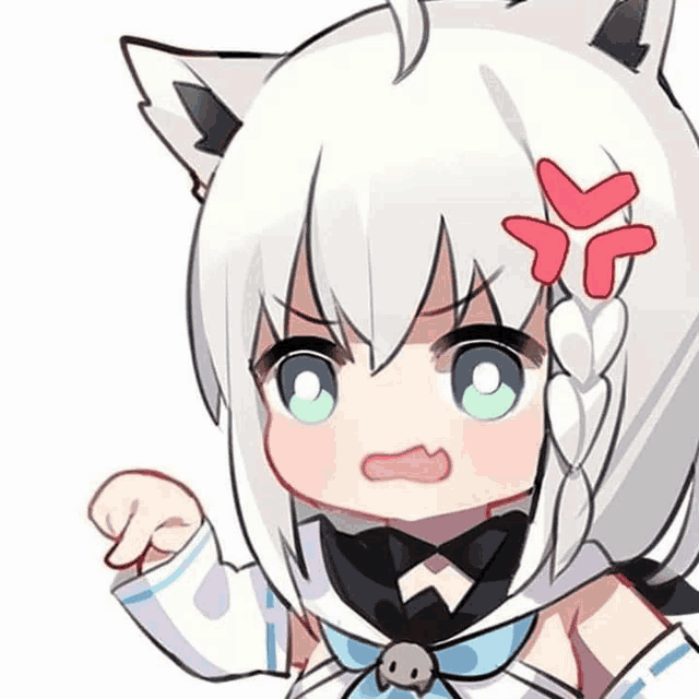 a cartoon girl with white hair and cat ears is angry and has a red arrow on her head .