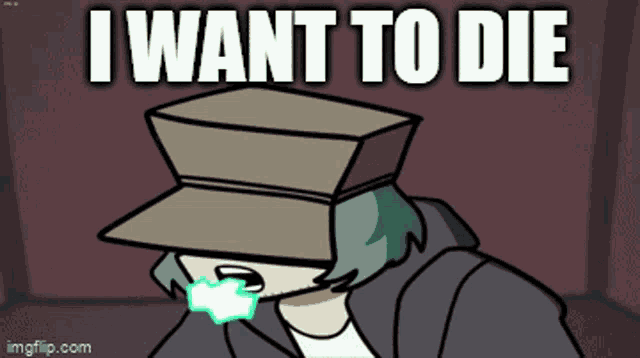 a cartoon character with a hat that says i want to die on it