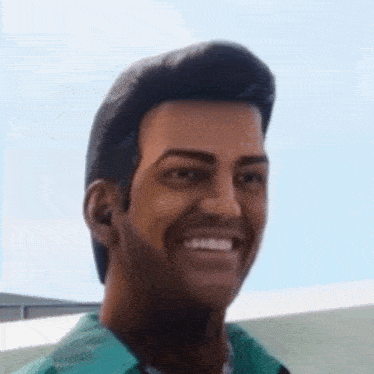 a man with a beard is smiling in a video game while wearing a green shirt .