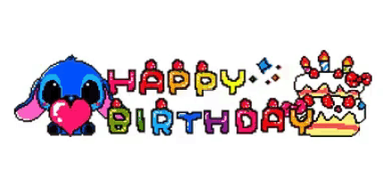 a pixel art of stitch holding a heart with the words happy birthday