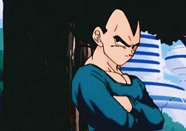 a cartoon character is standing with his arms crossed in front of a building