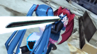 a blue and red anime character is holding a sword in her hand