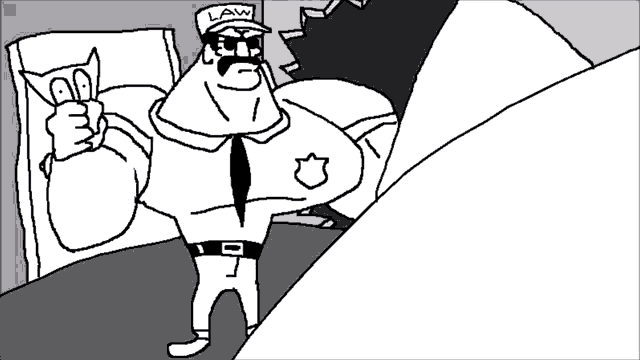 a black and white drawing of a police officer with a hat that says law