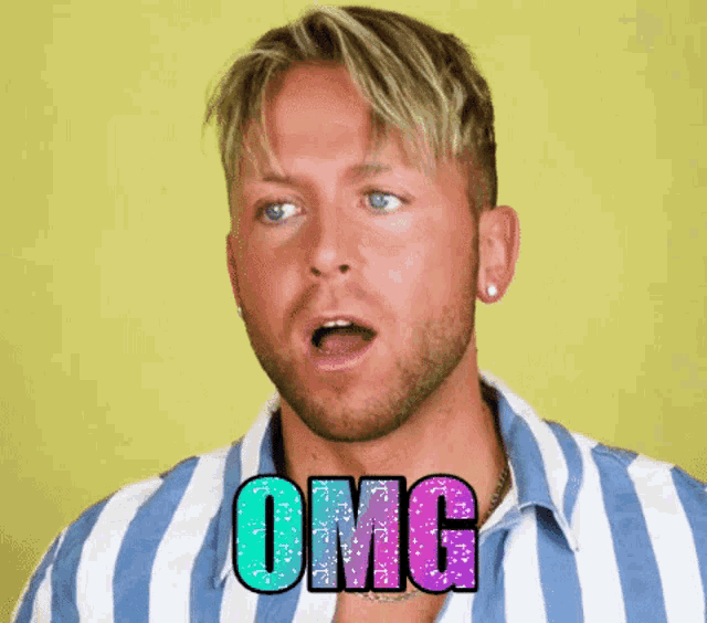 a man in a striped shirt is making a surprised face and the word omg is on his face