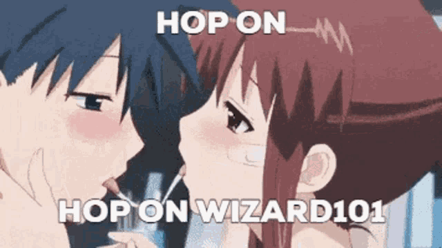 a boy and a girl kissing with the words hop on hop on wizard101