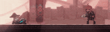 a pixel art of a person holding a gun standing next to another person .