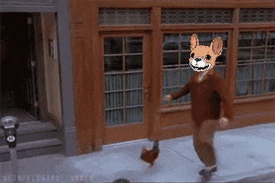 a cartoon of a man running with a dog mask on