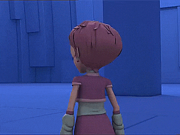 a cartoon character with red hair and green gloves is standing in front of a blue wall
