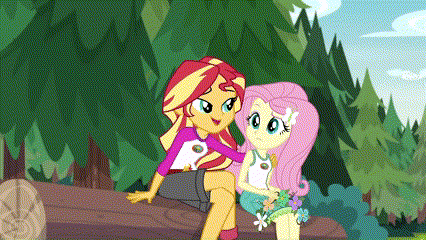 sunset shimmer and fluttershy are sitting next to each other on a log in the woods .
