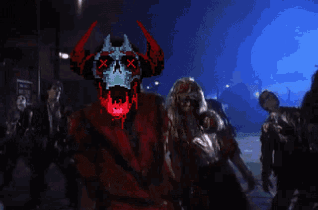 a group of zombies are gathered in a dark room with a skull with horns on it