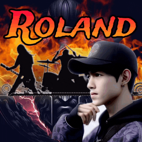 a man wearing a baseball cap stands in front of a roland poster