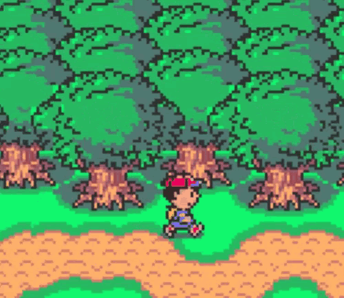 a pixel art of a boy walking in a forest