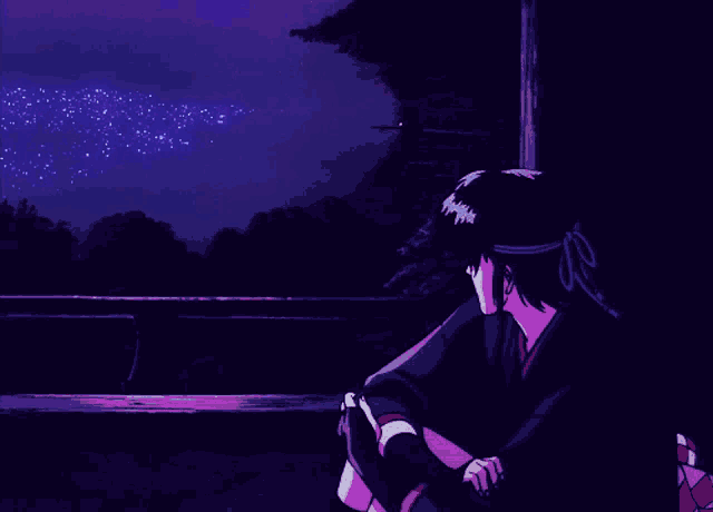 a man in a kimono sits on a bench at night looking at the stars