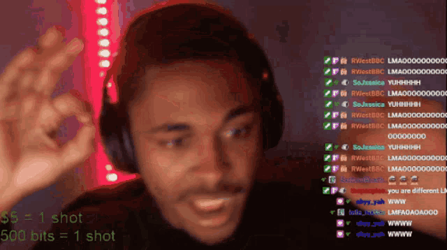 a man wearing headphones is giving the ok sign in front of a screen that says $ 6 = 1 shot