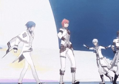 a group of anime characters are dancing on a stage in front of a blue wall .